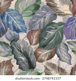 Tropical leaf pattern with layered botanical foliage in green blue and earthy tones. Elegant nature inspired background ideal for wallpaper, fabric, packaging, textile prints and modern surface design.
