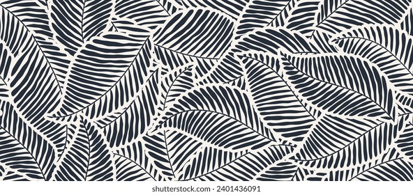 Tropical leaf pattern, monochrome Jungle geometric seamless pattern. Exotic plant. palm leaves seamless floral background.