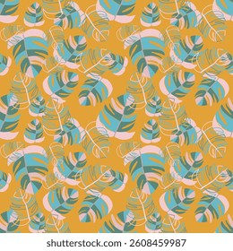 Tropical Leaf Pattern on Mustard Yellow Background, Colorful Palm Leaf Repeat Pattern, Exotic Foliage Textile Print Design, Vibrant Botanical Pattern Fabric, Modern Tropical Leaf Wallpaper