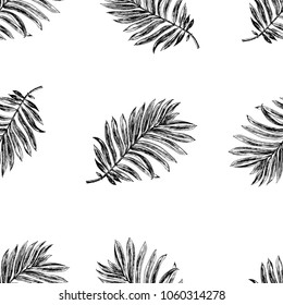 Tropical leaf pattern painted with ink and pen on white background. For your design, suitable for fabric, Wallpaper, paper, packaging and more