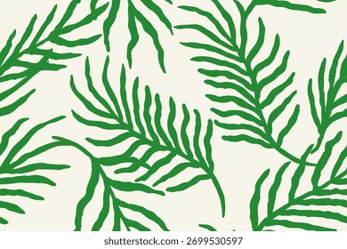 Tropisches Blattmuster nahtlos handgezeichnetes grünes Laub Hintergrund minimale Natur botanisches Design natürliche Palmenblätter Tapete Sommer Vektorgrafik Dschungel Pflanze dekorative Kunst.