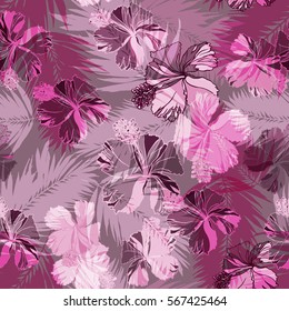 Tropical leaf pink aloha floral pattern Tropical seamless trendy marsala color  hibiscus pattern and coconut leaves. Beautiful flowers pattern vector illustration realistic hand drawn.