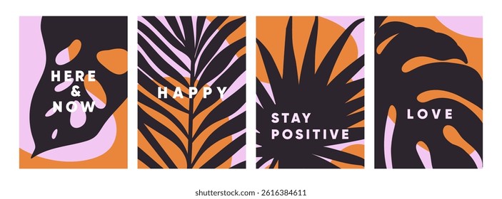 Tropical leaf poster designs set. Summer paradise cards with exotic palm and monstera leaves silhouettes. Organic nature, holiday and vacation postcards collection. Flat vector illustration