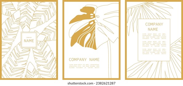 Tropical leaf poster set. Golden line tropic foliage vertical banners. Exotic leaf outline tropical background. Vector template for wedding invitation, hotel bar menu decoration, wall art print.