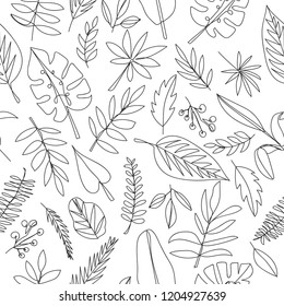 Tropical leaf print, seamless pattern, leaves pattern, one line drawing