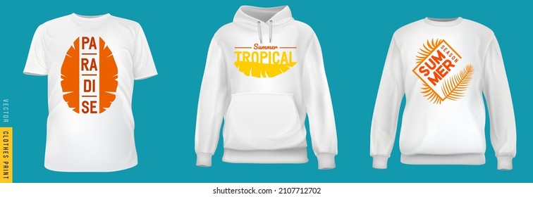 Tropical leaf print. Set realistic t-shirt, sweatshirt, hoodie base cloth isolated on simple background. Mockup for branding man or woman fashion. Design casual template. 3d vector illustration.