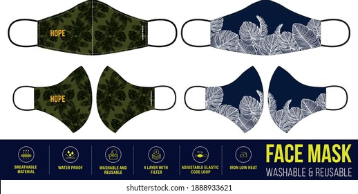 Tropical leaf Printed Clothing medical Face mask design, Reusable Clothing Face mask design with digital print and Fabric feature details, medical Face mask, Fashionable medical face mask design