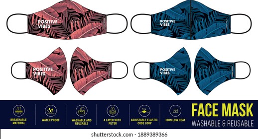 Tropical leaf Printed Clothing medical Face mask design, Reusable Clothing Face mask design with digital print and Fabric feature details, medical Face mask, Fashionable medical face mask design