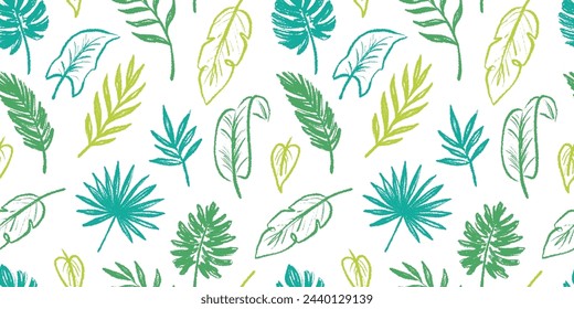 Tropical leaf seamless pattern background. Hand drawn crayon brush abstract green tropic leaves seamless pattern. Floral abstract hand drawn print background. Vector illustration