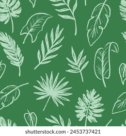 Tropical leaf seamless pattern background. Hand drawn crayon brush abstract green tropic leaves seamless pattern. Floral abstract hand drawn print background. Vector illustration