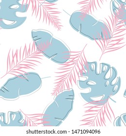 Tropical leaf seamless pattern. Exotic blue and pink leaves on a white background.