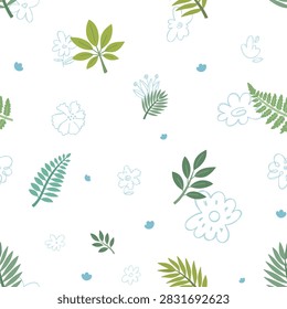 Tropical leaf seamless pattern set featuring fern olive palm flowers blossoms petals branches fronds foliage stems plants outlines botanical repeat