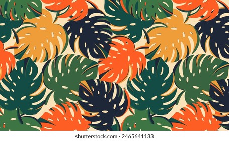 Tropical leaf seamless pattern. Trendy print of exotic monstera palm leaves, botanical background for wrapping paper fabric design. Vector texture