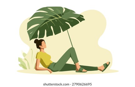 Tropical Leaf Shade. A faceless character relaxing under a gia. minimalist illustration of tropical vacation, chill, and exotic travel