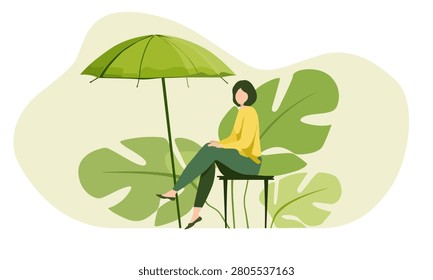 Tropical Leaf Shade. A faceless character relaxing under a gia. minimalist illustration of tropical vacation, chill, and exotic travel