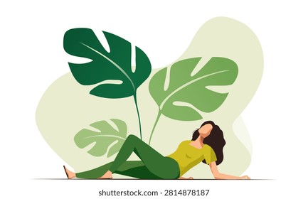 Tropical Leaf Shade. A faceless character relaxing under a gia. minimalist illustration of tropical vacation, chill, and exotic travel