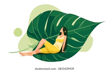 Tropical Leaf Shade. A faceless character relaxing under a gia. minimalist illustration of tropical vacation, chill, and exotic travel