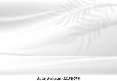 Tropical leaf shadow and wave on wall for product placement. Neutral layout home background. Summer sunshine light and stage desk montage mockup.