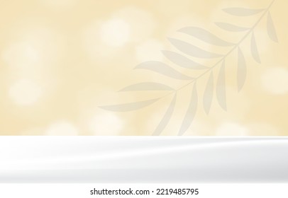 Tropical leaf shadow and wave on wall for product placement. Neutral layout home background. Summer sunshine light and stage desk montage mockup.