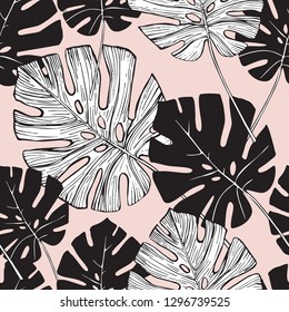 Tropical leaf silhouette elements background. Hand drawn monstera leaves in silhouette, line art styles. Trendy seamless pattern for summer design. Vector illustration in black and white colors