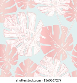 Tropical leaf silhouette elements background. Hand drawn monstera leaves in silhouette, line art styles with glossy gradient effect. Trendy seamless pattern for summer design. Vector illustration