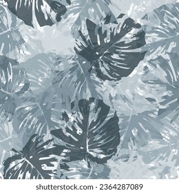 Tropical leaf silhouette elements background. Palm, fan palm, monstera, banana leaf in grunge retro style. Line art.