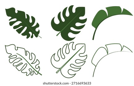 Tropische Blattsilhouetten für Designprojekte. Verschiedene tropische Blattsilhouetten, ideal für botanische Illustrationen, Naturgrafiken, Sommerthemen und kreative Design-Hintergründe.
