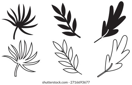 Tropische Blattsilhouetten für Designprojekte. Verschiedene tropische Blattsilhouetten, ideal für botanische Illustrationen, Naturgrafiken, Sommerthemen und kreative Design-Hintergründe.
