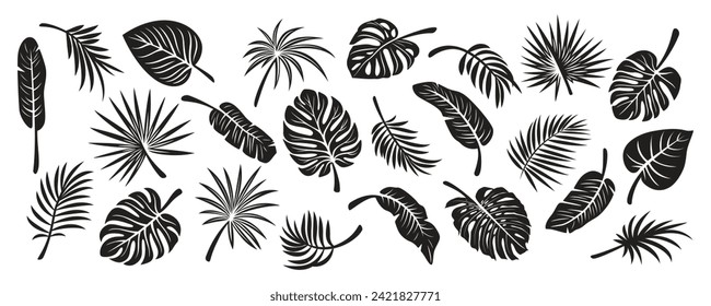 Silhouettes de hoja tropical. Vector plano Estilo de corte negro y blanco Monstera, Ficus, hoja de plátano, Dracaena, Colección de hojas de palma Sabal, aislado. Plantillas de diseño para decoración doméstica, invitaciones, impresiones