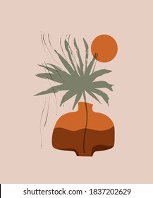 Tropical leaf simple composition. Palm leaf in vase minimal art background. Seasonal illustration for creative design, cool concept illustration, social media stories wallpaper. Botanical vector