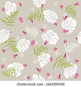 Tropical leaf with small flowers, green beige and pink colors, small pink flowers, print with ground colors, spring summer theme, botanical pattern.