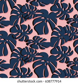 Tropical Leaf summer pattern. Trendy floral beach design in dusty rose and navy colors of 2017. Paradise plant texture print. Exotic botanical abstract decoration