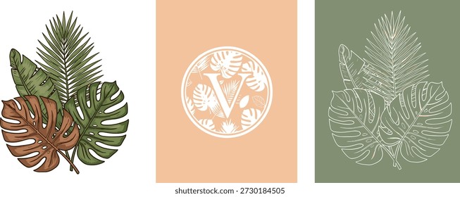   
Paneles de Vector de hojas tropicales con follaje colorido, arte lineal minimalista y diseño de emblemas sobre fondos verdes y melocotón