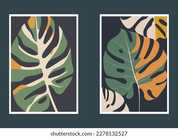 Tropical leaf vector set. Monstera, palm leavesle foliage. wall art print poster