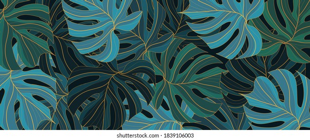 Tropical leaf Wallpaper, Luxury nature leaves pattern design, Golden banana leaf line arts, Hand drawn outline design for fabric , print, cover, banner and invitation, Vector illustration.
