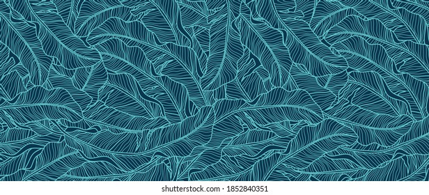 Tropical leaf Wallpaper, Luxury nature leaves pattern design, Blue banana leaf line arts, Hand drawn outline design for fabric , print, cover, banner and invitation, Vector illustration.