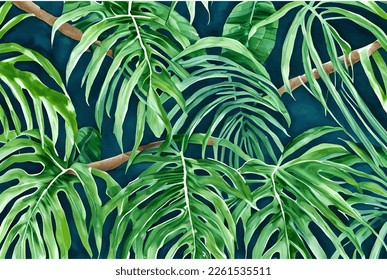 Tropical leaf Wallpaper, Luxury nature leaves pattern design, Golden leaf line arts, Watercolor Floral Pattern, Hand drawn outline design for fabric , print, cover, banner and invitation, Vector.