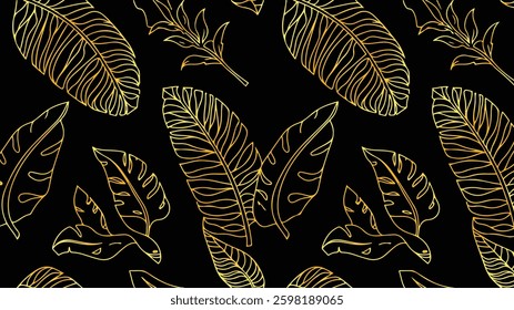 Tropical leaf Wallpaper, Luxury nature leaves pattern design, Golden banana leaf line arts, Hand drawn outline design for fabric , print, cover, banner and invitation, 
