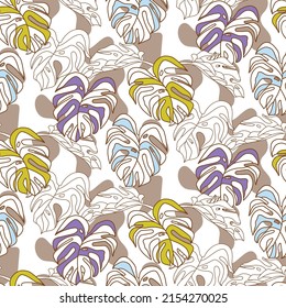 Tropical leaf Wallpaper, Monstera nature leaves pattern design, Jungle green leaf line arts, Hand drawn outline design for fabric, camouflage spots print