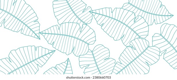 Tropical leaf wallpaper, simple botanical nature leaf design, vector background with green leaf lines. Hand drawn, suitable for fabric design, print, cover, banner and invitations.	