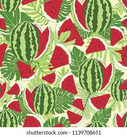 Tropical Leaf Watermelon Seamless Botanical Vector Pattern