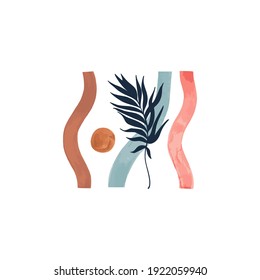 Tropical leaf and wavy stripes modern poster. Unusual summer sea beach concept. Hand painted watercolor lines and palm leaf silhouettes illustration. Vector minimal art