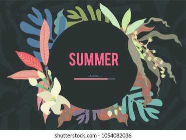 Tropical leafs background graphic template; sweet dark-warm pastel colour; with "summer loading" text, hand draw simple style vector