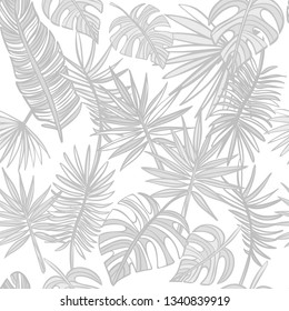 Tropical leafs background. Gray tropical leaves. Seamless graphic design with palms. Fashion, wrapping, interior, packaging suitable. hand drawn palm leaves on light background. Vector Illustration.