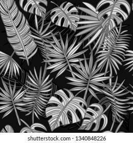 Tropical leafs background. Gray tropical leaves. Seamless graphic design with palms. Fashion, wrapping, interior, packaging suitable. hand drawn palm leaves on dark background. Vector Illustration.