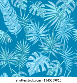 Tropical leafs background. Turquoise tropical leaves. Fashion, wrapping, interior, packaging suitable. hand drawn palm leaves on blue background. Summer pattern. Vector Illustration.