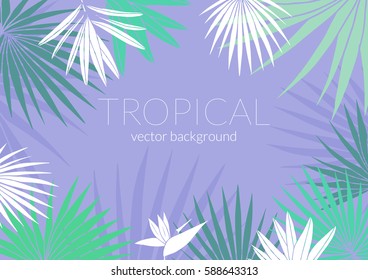 Tropical leafs composition background. Flat shapes hand drawn. White and green on purple. Eighties style.