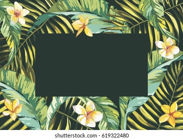 Tropical leafs composition background. Flat shapes hand drawn. Green on black with bird of plumeria flowers. EPS 10