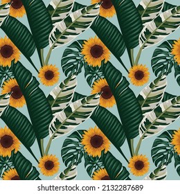 tropical leafs and florals seamless pattern design