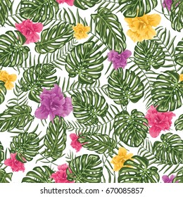 Tropical leafs and flowers seamless pattern background